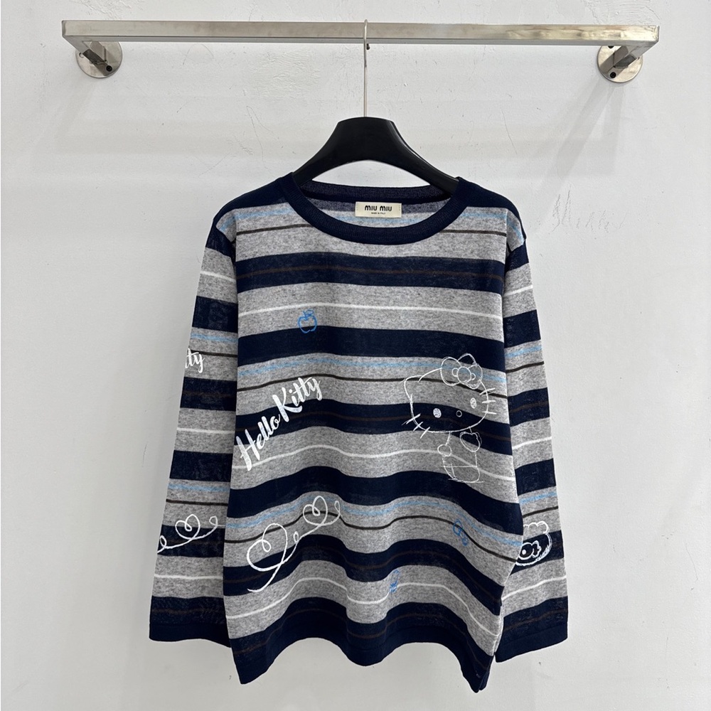 Miu Miu Navy & Gray Striped Hello Kitty Crewneck Sweater